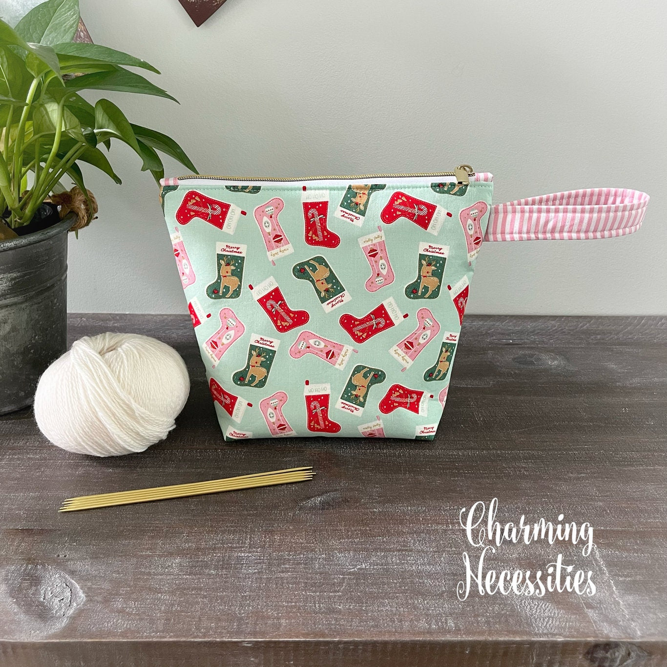 Small Zipper Knitting Bag, Christmas Stockings Sock Project Bag Tote