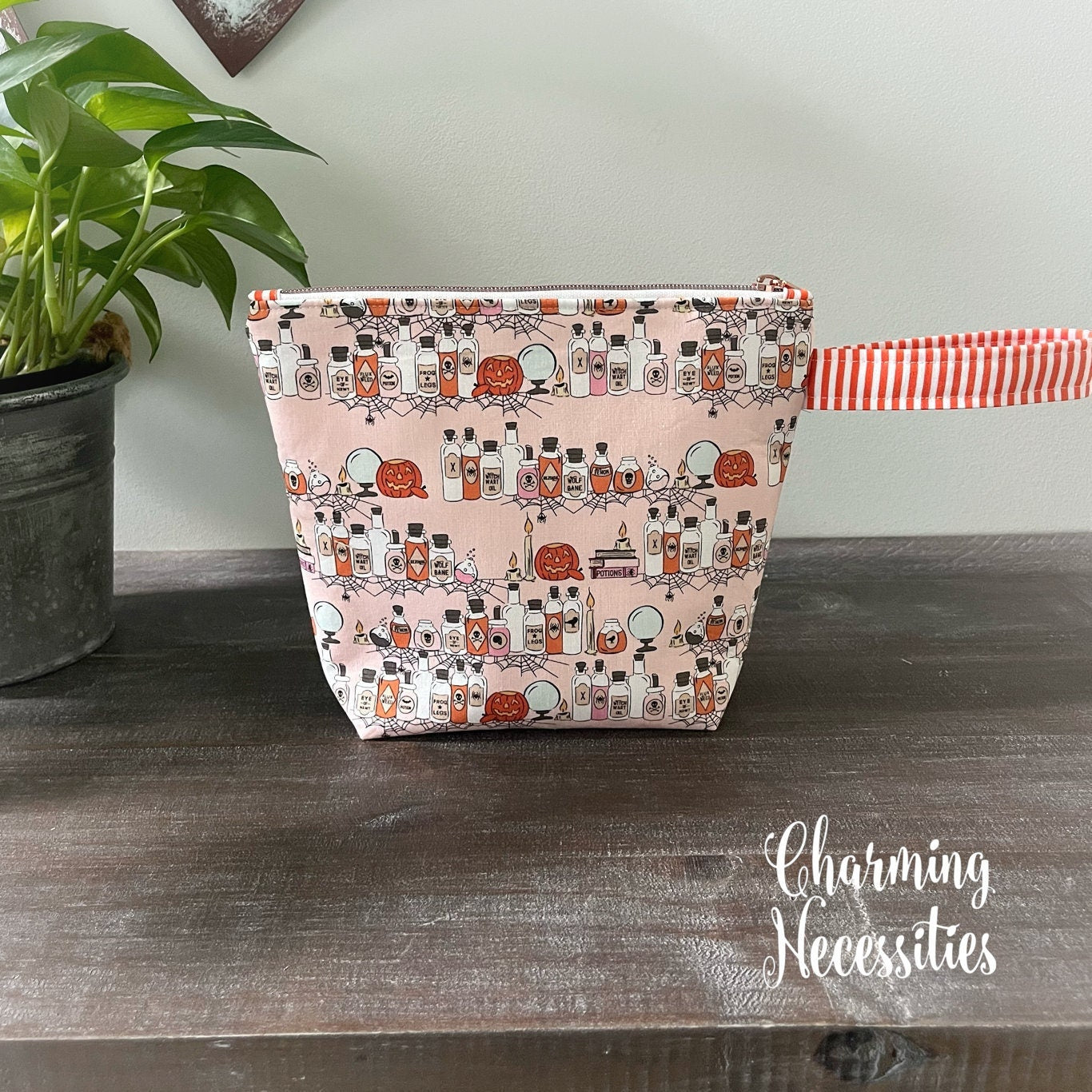 Small Zipper Knitting Bag, Halloween Potions Pink Sock Project Bag Tote