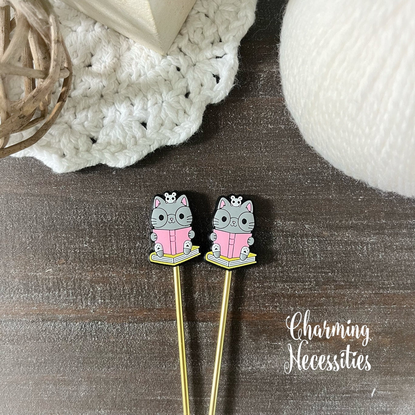 Stitch Stoppers Cats Reading Set of 2, Knitting Accessories, Stitch Holders, Gifts for Knitters under 10