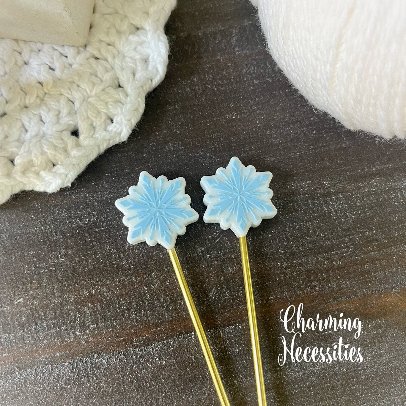 Blue Snowflake Stitch Stoppers, Winter Theme Knitting Accessories, Stitch Holders Needle Protectors, Gifts for Knitters under 10