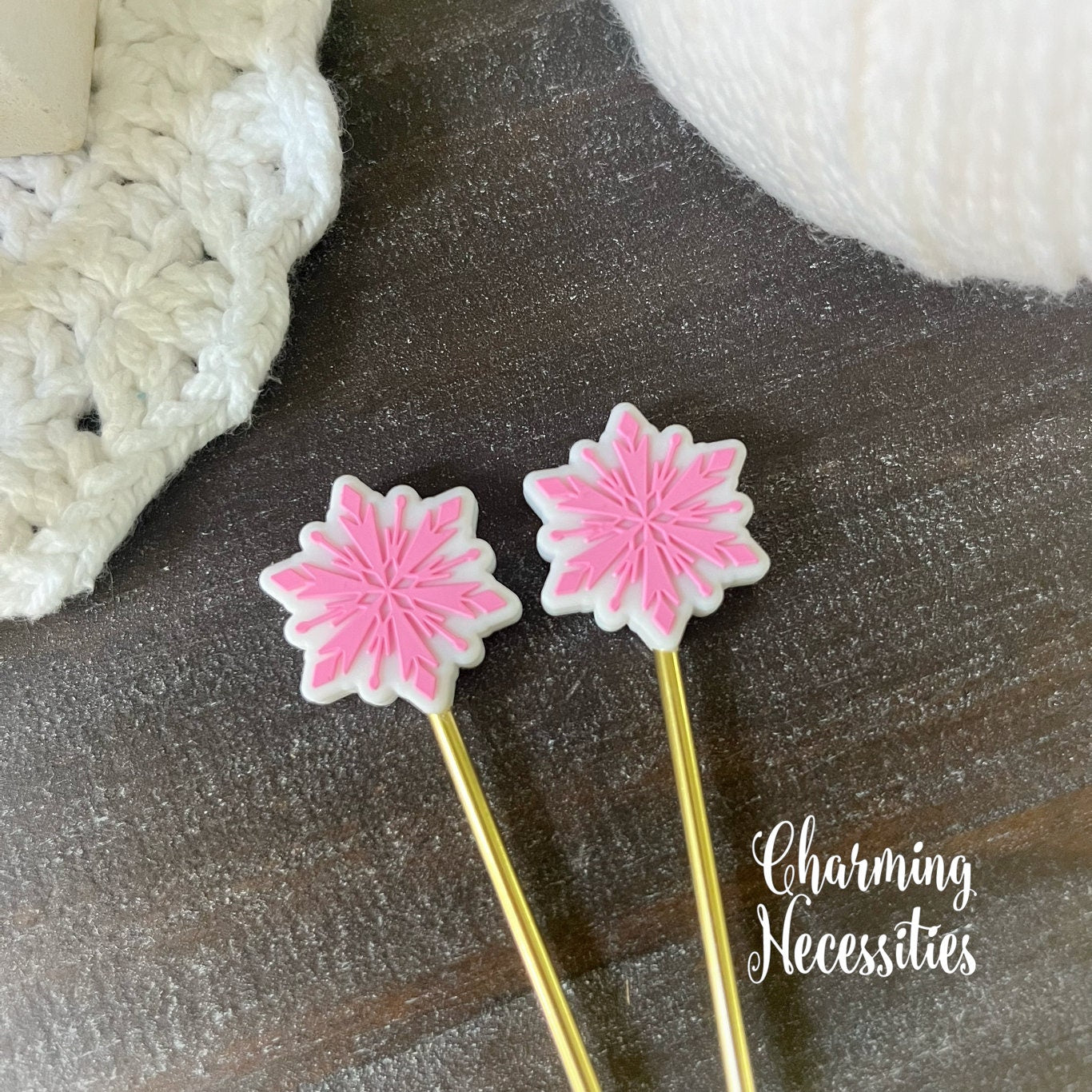 Pink Snowflake Stitch Stoppers, Winter Theme Knitting Accessories, Stitch Holders Needle Protectors, Gifts for Knitters under 10