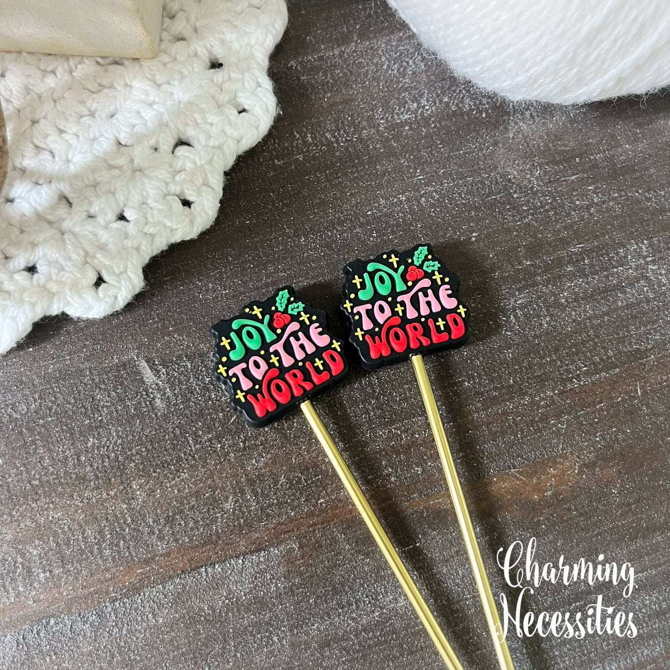 Joy to the World Stitch Stoppers, Christmas Theme Knitting Accessories, Stitch Holders Needle Protectors, Gifts for Knitters under 10