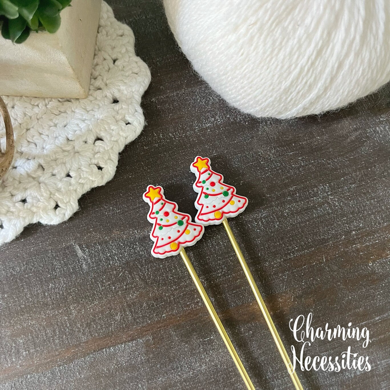 White Christmas Tree Stitch Stoppers, Holiday Knitting Accessories, Stitch Holders Needle Protectors, Gifts for Knitters under 10