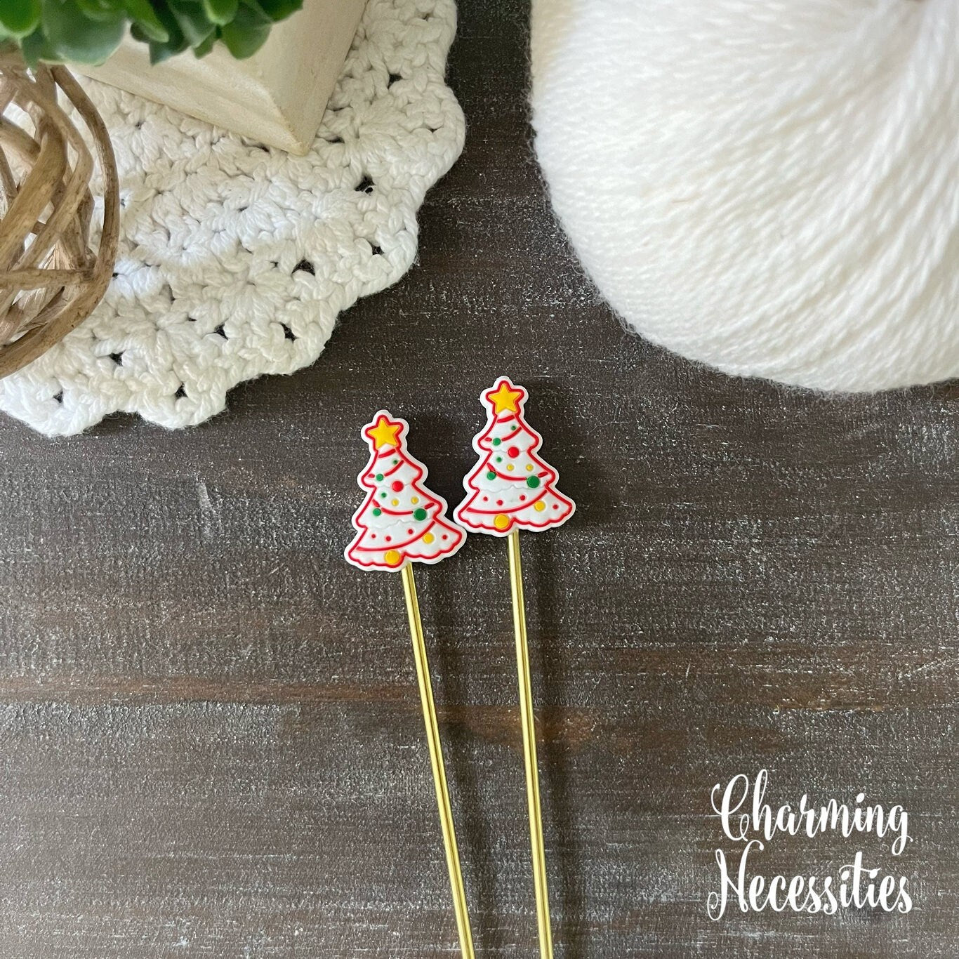White Christmas Tree Stitch Stoppers, Holiday Knitting Accessories, Stitch Holders Needle Protectors, Gifts for Knitters under 10