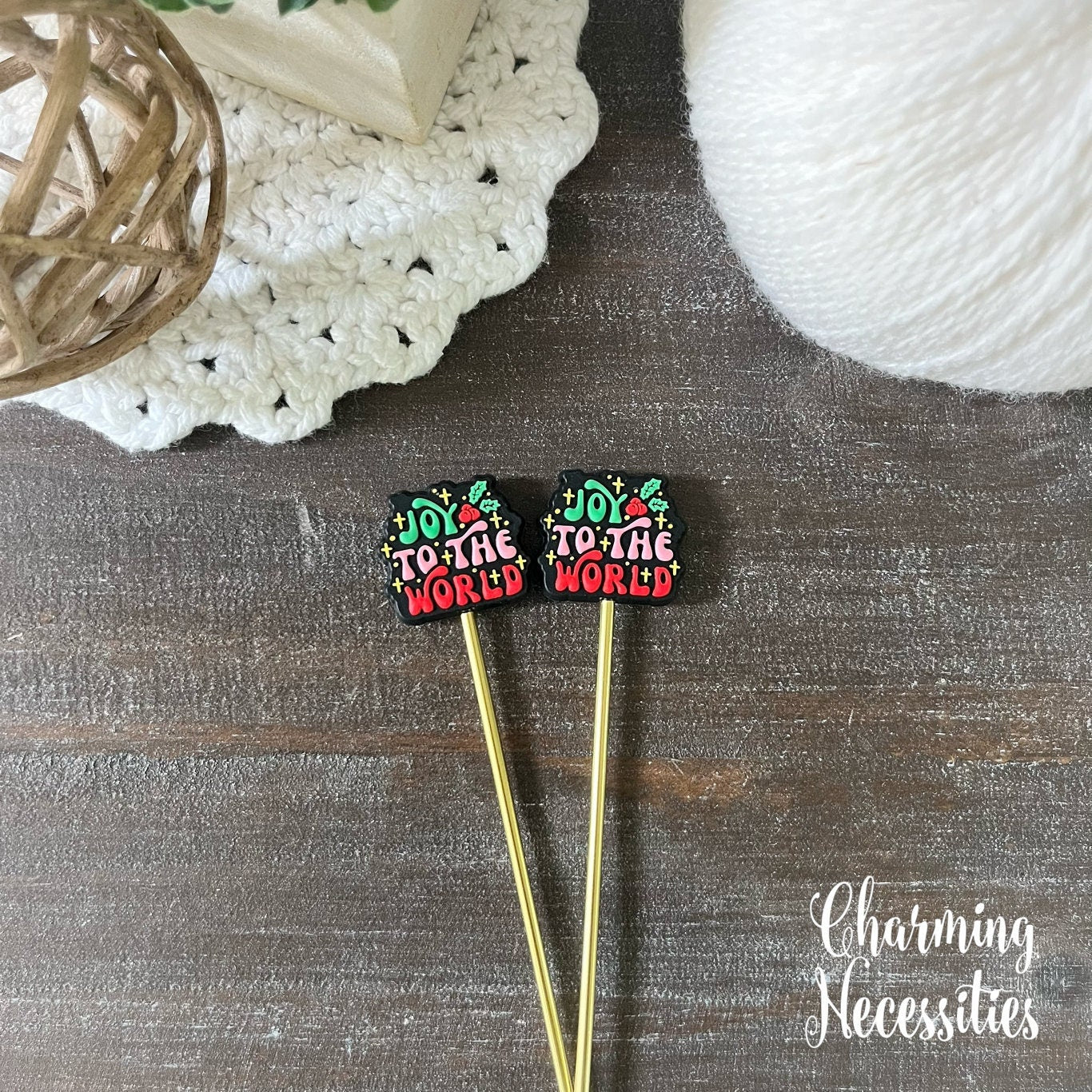 Joy to the World Stitch Stoppers, Christmas Theme Knitting Accessories, Stitch Holders Needle Protectors, Gifts for Knitters under 10