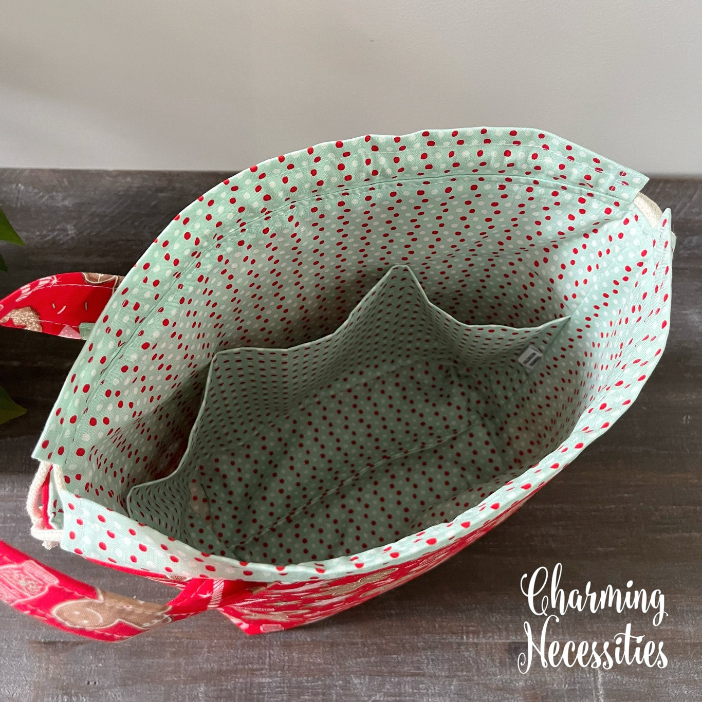 Knitting Project Bag, Gingerbread Holiday Red Tote, Crochet Project Bag Sock Shawl Pouch Yarn Storage, Gifts for Knitters Crocheters