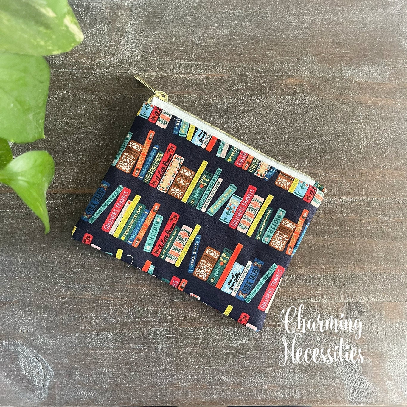 Notions Zipper Pouch, Rifle Paper Co Curio Book Club Navy, Essentials Oils Pouch, Small Organization Bag Book Lovers