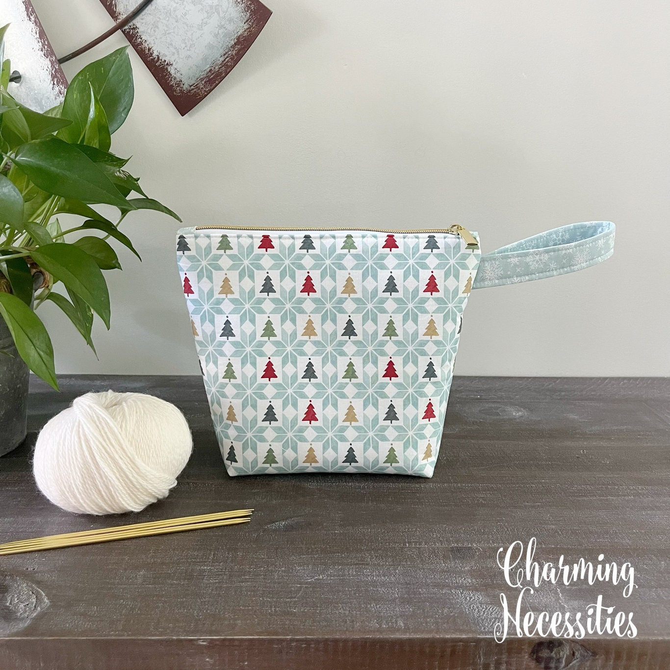 Small Zipper Knitting Bag, Sock Project Bag Holiday Christmas Trees & Snowflakes Tote