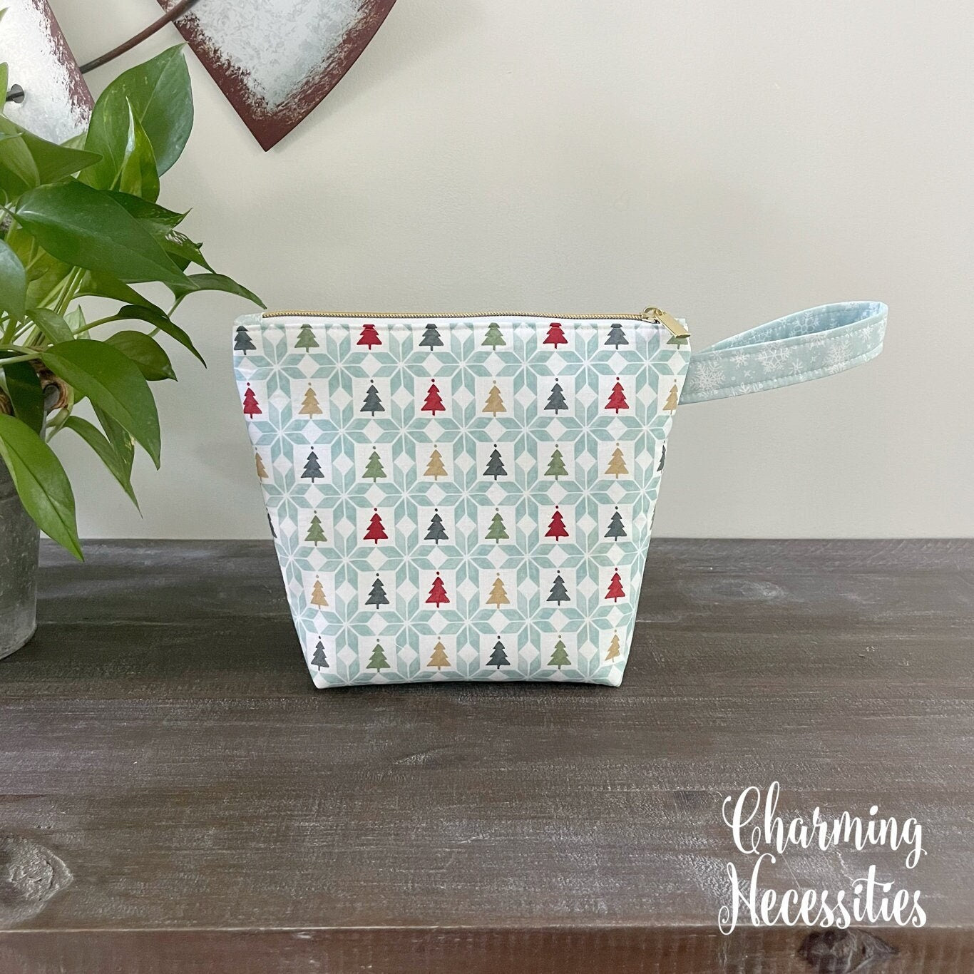 Small Zipper Knitting Bag, Sock Project Bag Holiday Christmas Trees & Snowflakes Tote