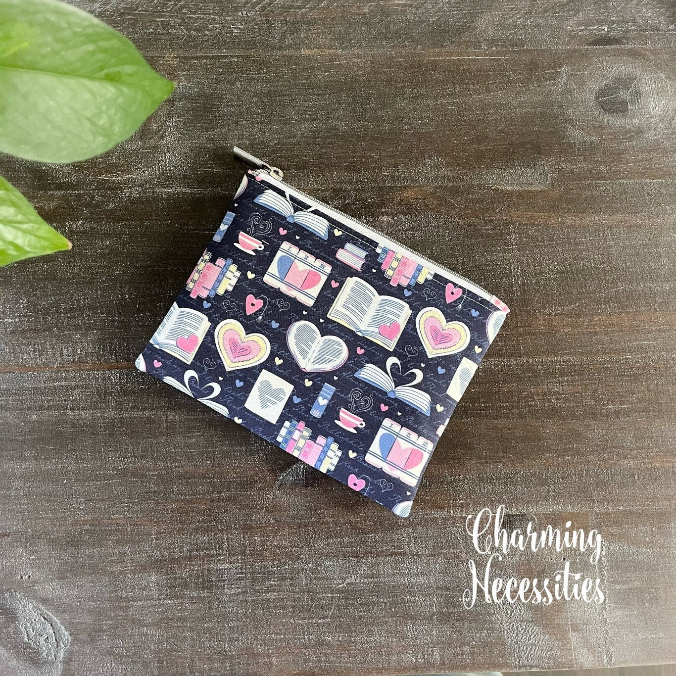 Notions Zipper Pouch, Book Hearts, Small Organization Bag Book Lovers