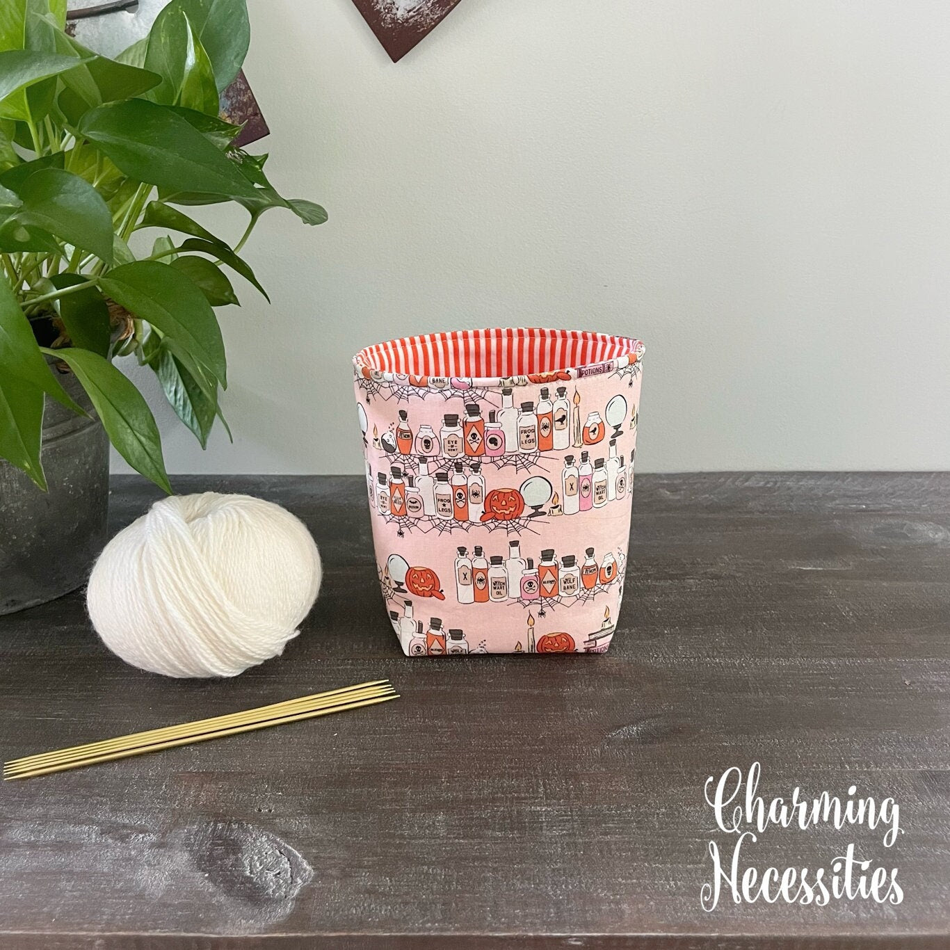 Yarn Bowl Cozy Basket, Halloween Spooky Potions on Pink, Knitting Accessories Yarn Storage Organization