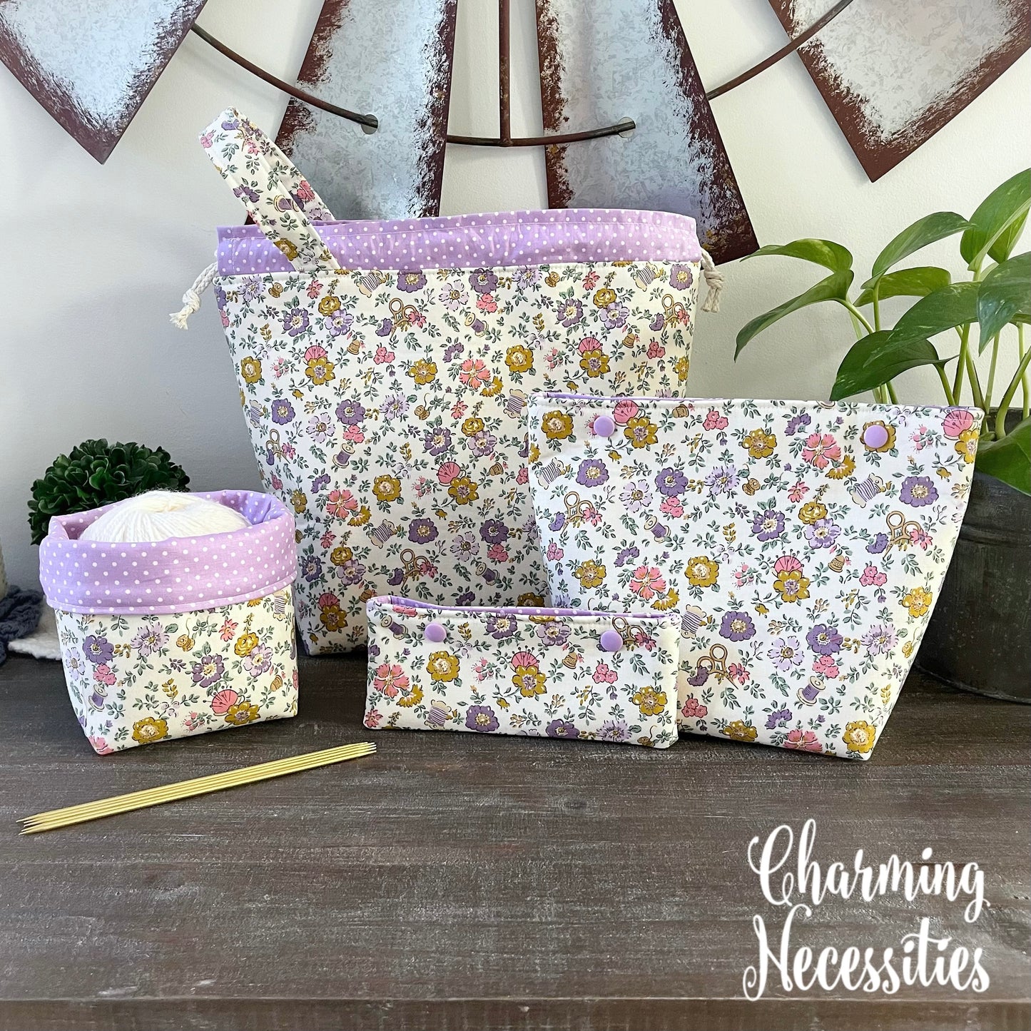 Knitting Project Bag Set, Vintage Sewing Floral