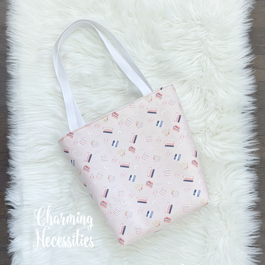 Floral Tote Bag, Books on Pink Knitting Bag