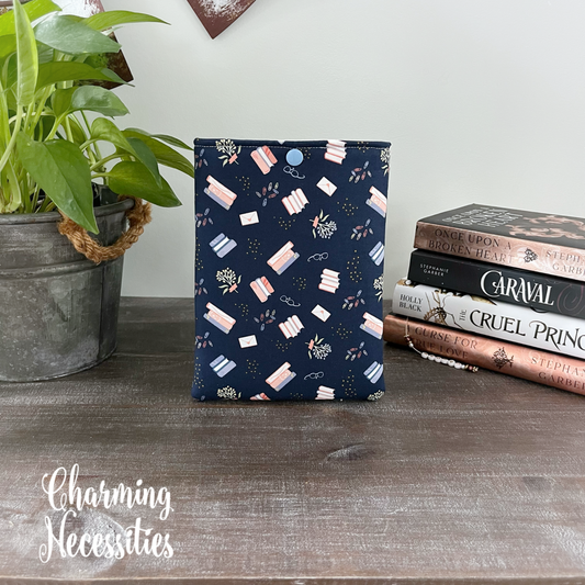 Padded Book Sleeve Kindle Sleeve Cover, Books On Navy, Gifts for Book Lovers