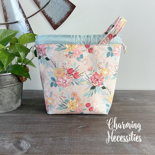 Knitting Project Bag, Pastel Floral on Pink, Drawstring Tote
