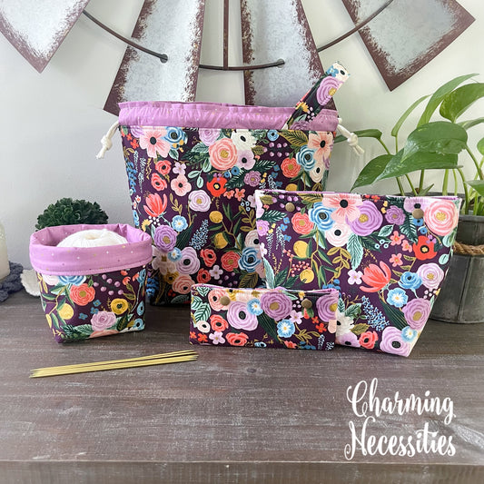 Knitting Project Bag Set, Rifle Paper Co Orchard Burgandy