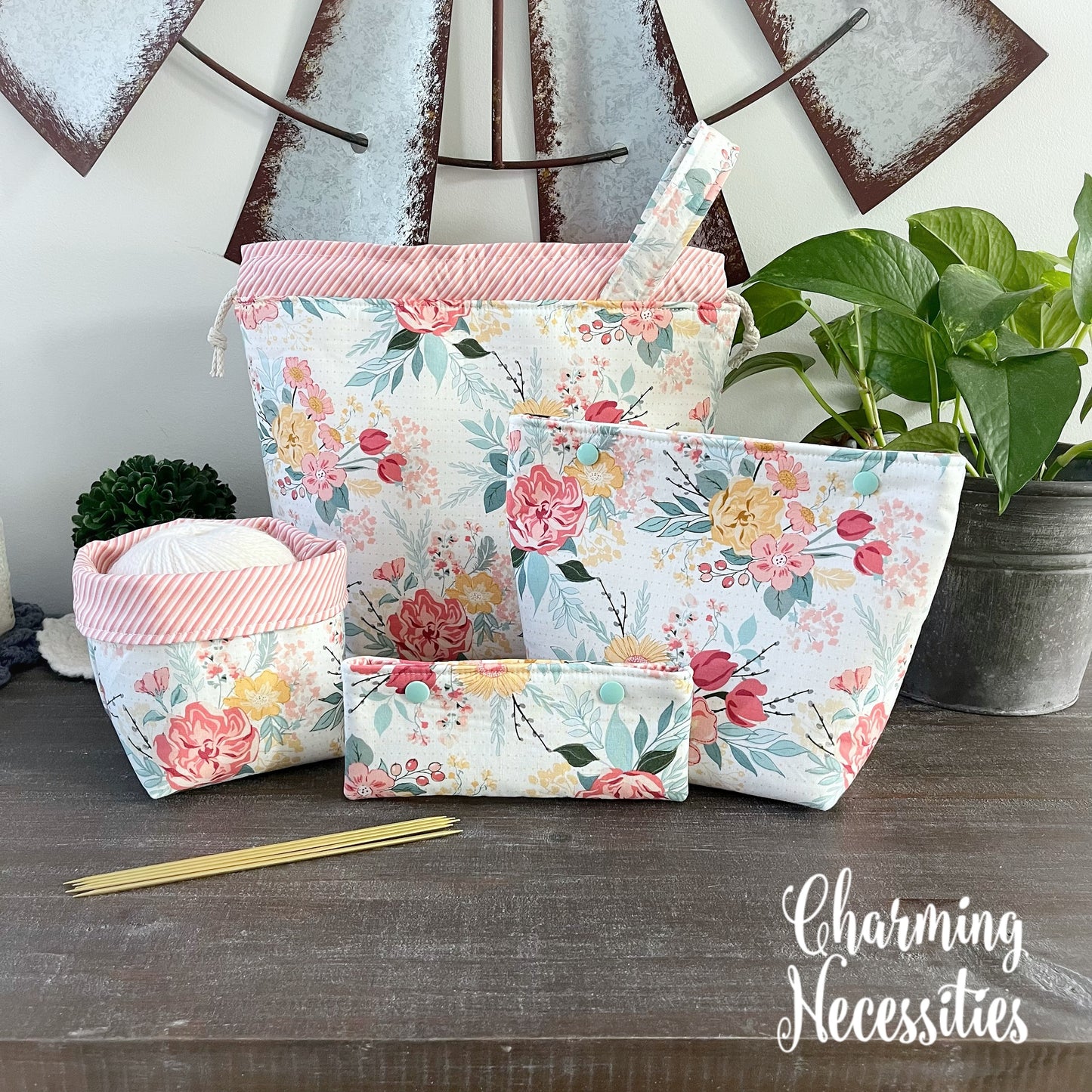 Knitting Project Bag Set, Pastel Floral on Ivory