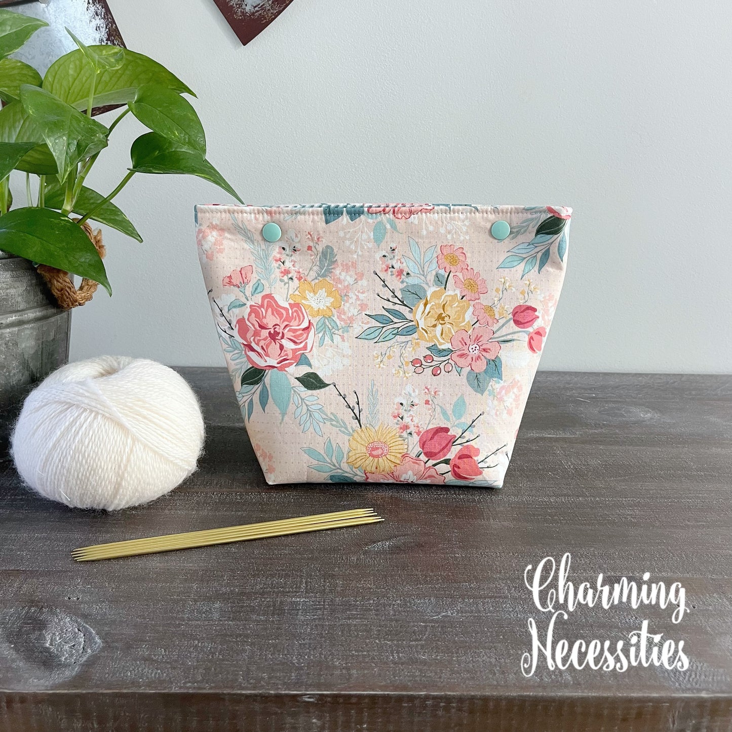 Small Snap Project Bag, Pastel Floral on Pink, Crochet Sewing Pouch, Gifts for Knitters Crocheters