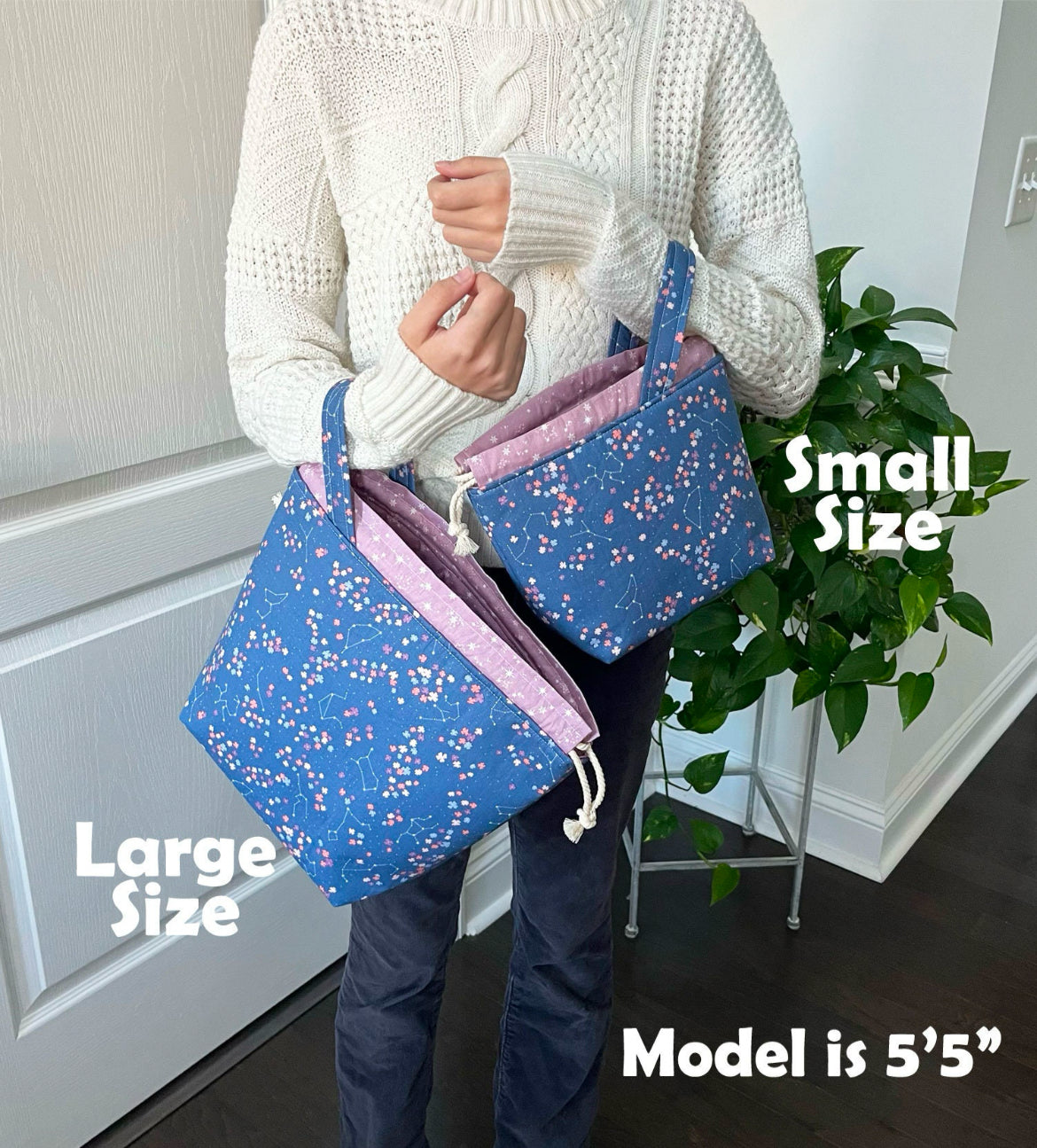Knitting Project Bag, Blueberry Blossoms, Drawstring Tote