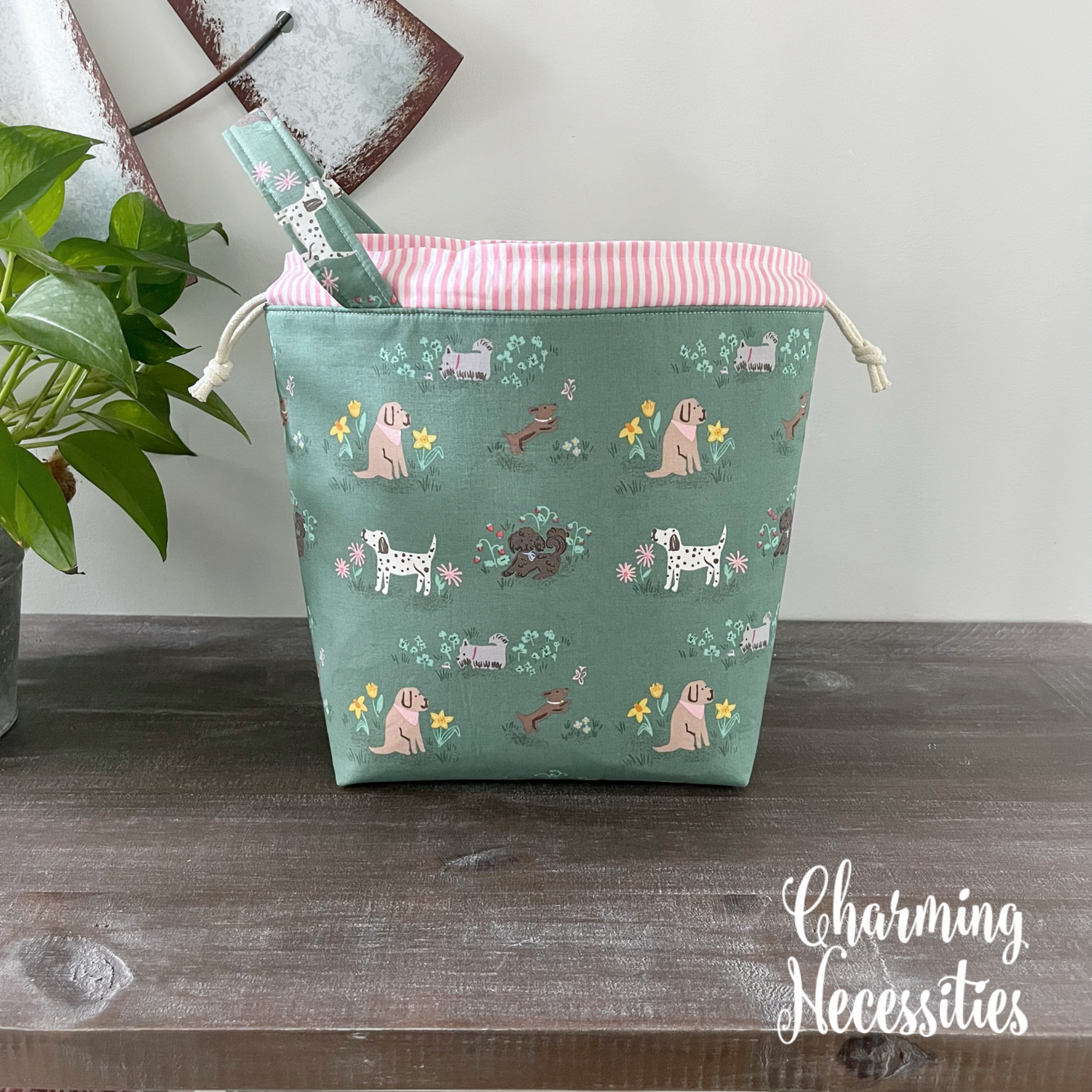 Knitting Project Bag, Dogs on Green Drawstring Tote