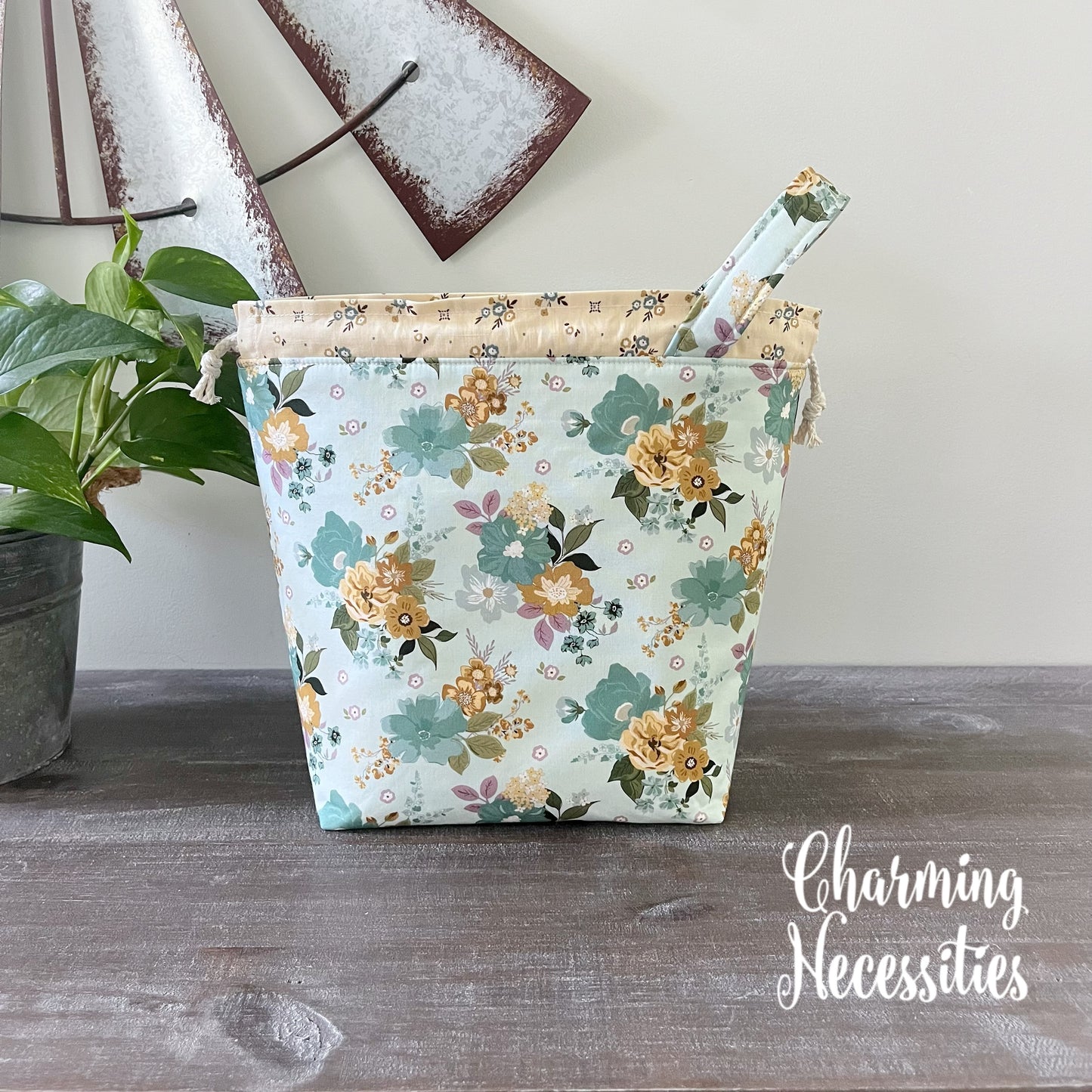Knitting Project Bag, Cottage Garden, Drawstring Tote