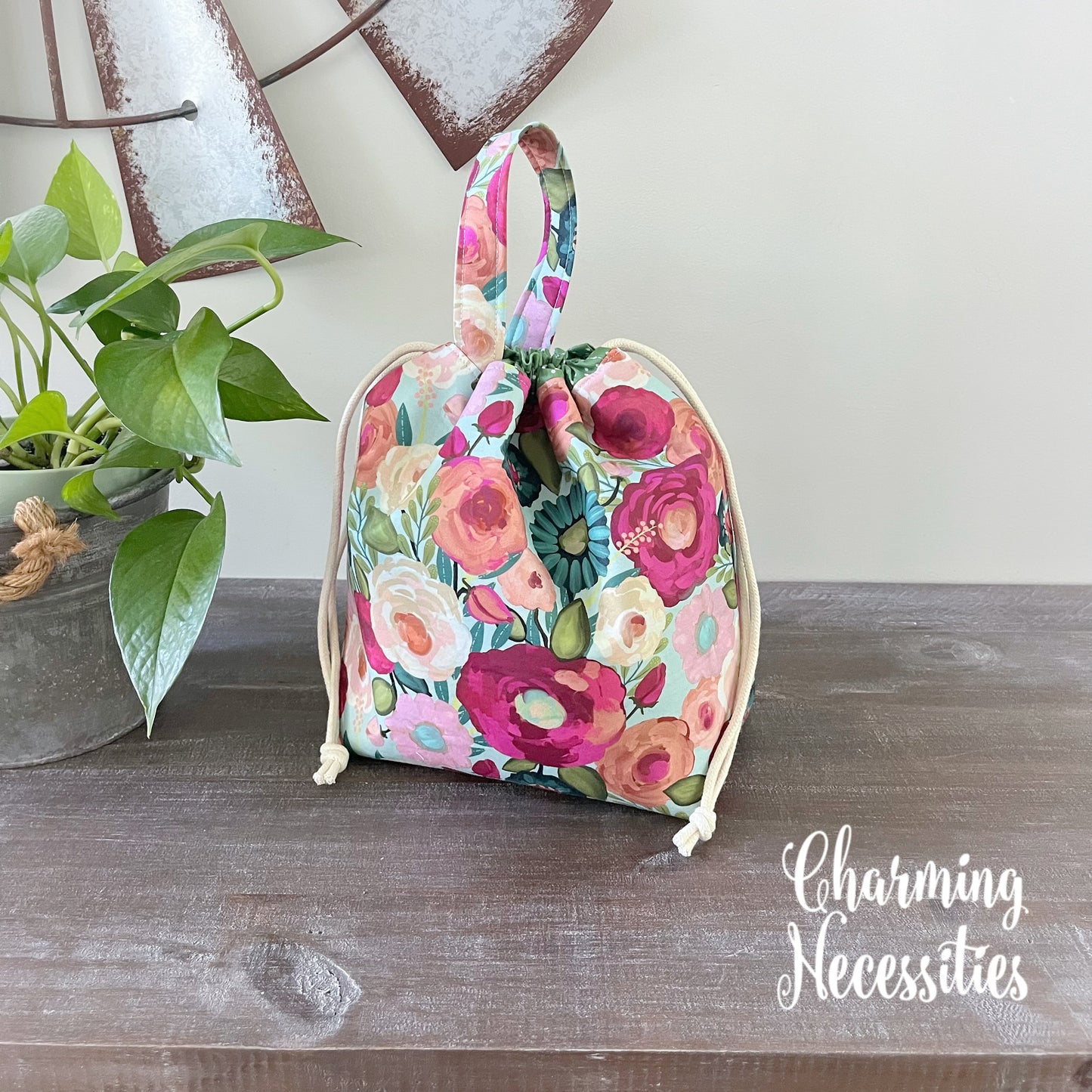 Knitting Project Bag, Vibrant Floral Drawstring Tote