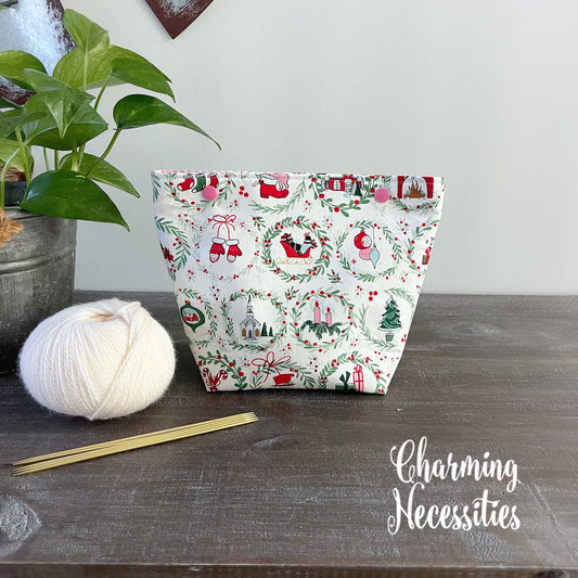 Small Snap Project Bag, Retro Christmas Crochet Sewing Pouch, Gifts for Knitters Crocheters