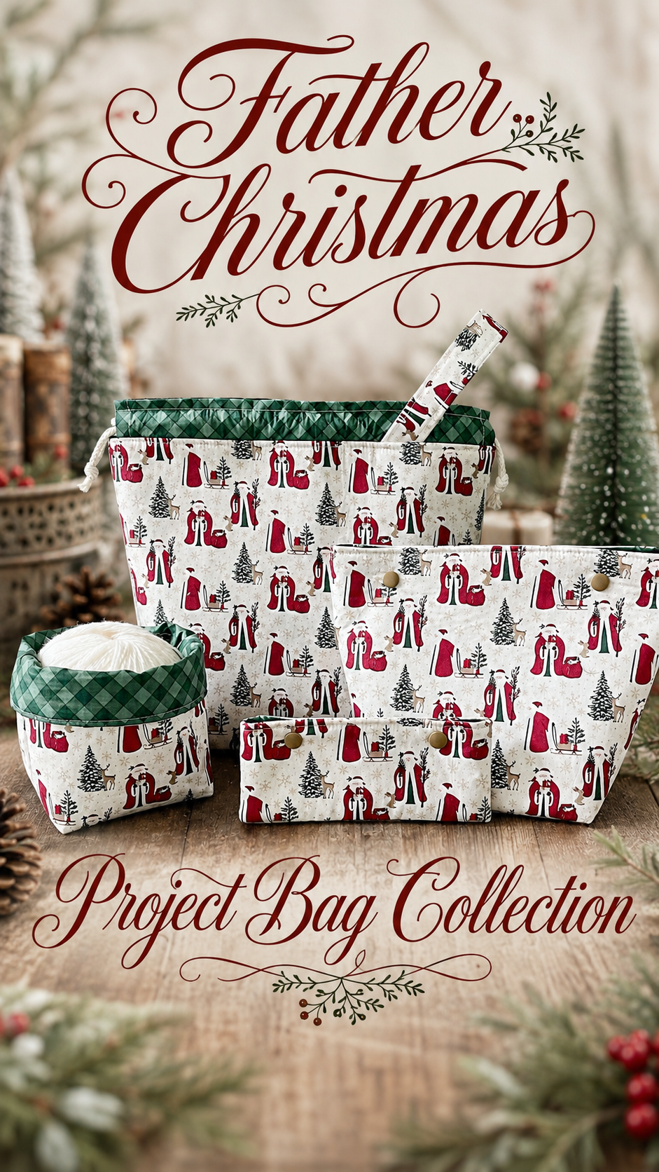 Knitting Project Bag Set, Vintage Santa