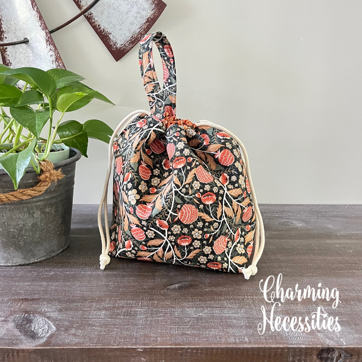 Knitting Project Bag, Autumn Floral Dark Green Drawstring Tote
