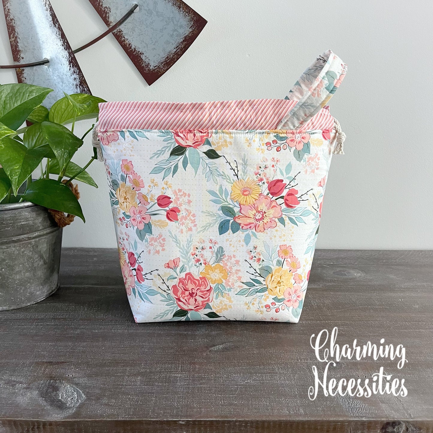 Knitting Project Bag, Pastel Floral on Ivory, Drawstring Tote