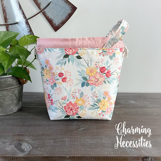 Knitting Project Bag, Pastel Floral on Ivory, Drawstring Tote