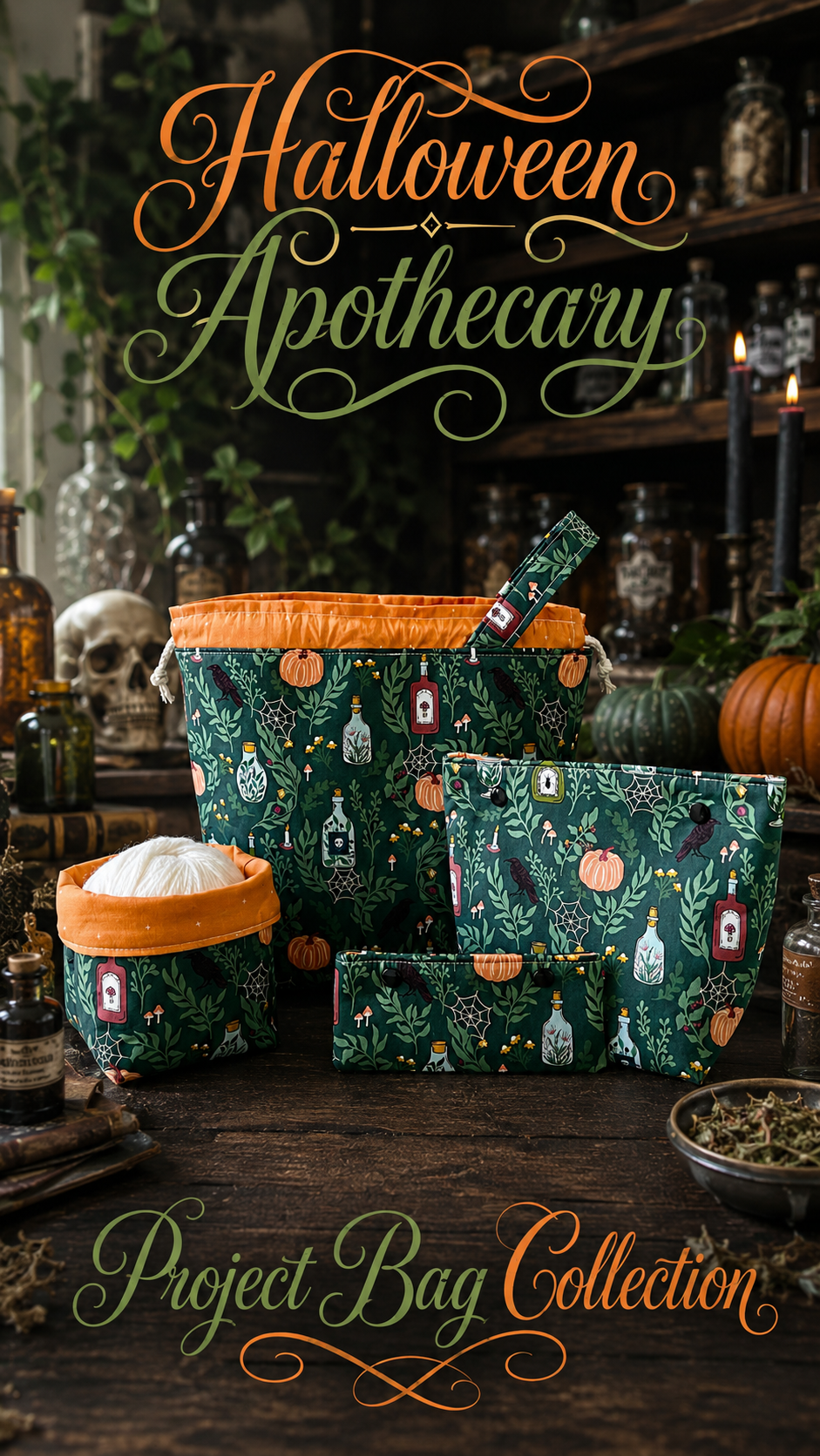 Knitting Project Bag Set, Halloween Apothecary Green