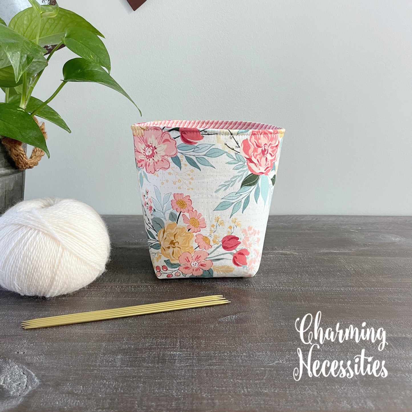 Yarn Bowl Cozy Basket, Pastel Floral on Ivory, Knitting Accessories Yarn Storage Organization