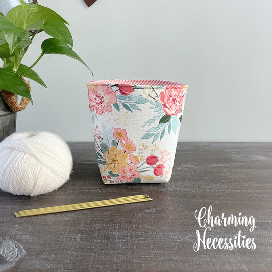 Yarn Bowl Cozy Basket, Pastel Floral on Ivory, Knitting Accessories Yarn Storage Organization
