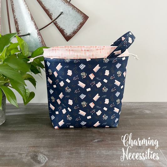 Knitting Project Bag, Books on Navy Drawstring Tote