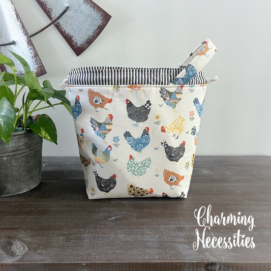Knitting Project Bag, Floral Chickens, Drawstring Tote