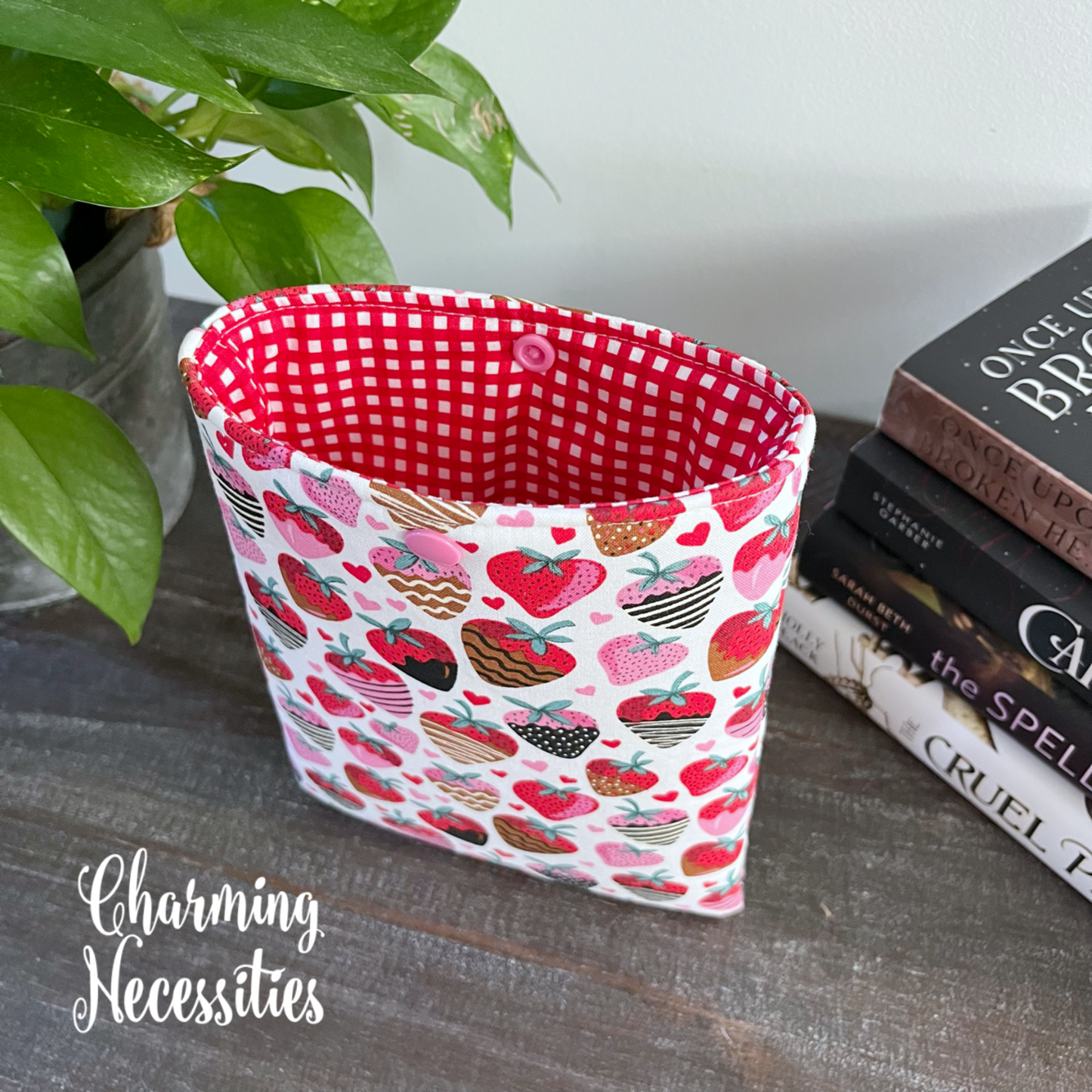 Padded Book Sleeve Kindle Sleeve Cover, Valentines Day Strawberries and Heart , Gifts for Book Lovers