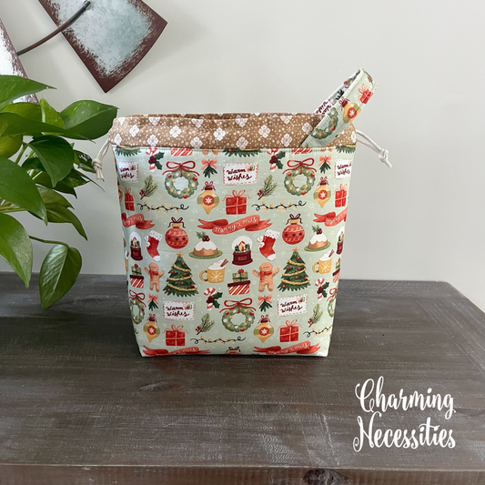 Knitting Project Bag,  Vintage Christmas Drawstring Tote