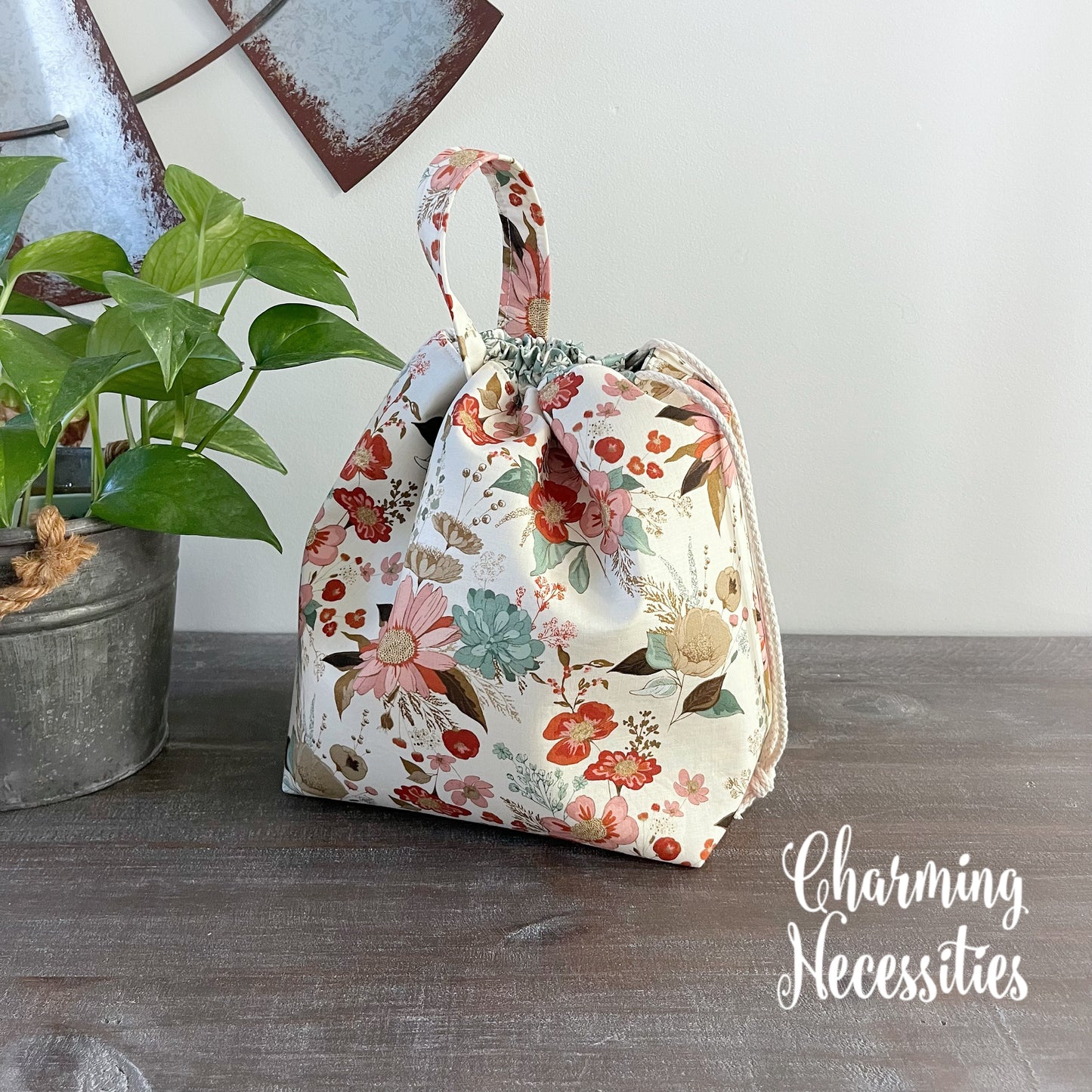 Knitting Project Bag, Wildflower Meadow Ivory, Drawstring Tote