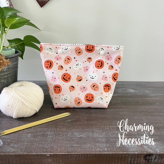 Small Snap Project Bag,  Jack o Lanterns on Pink Crochet Pouch, Gifts for Knitters Crocheters