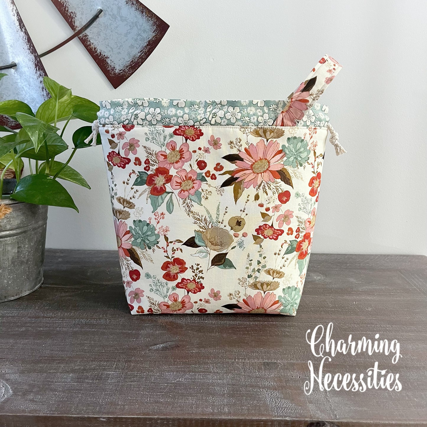 Knitting Project Bag, Wildflower Meadow Ivory, Drawstring Tote