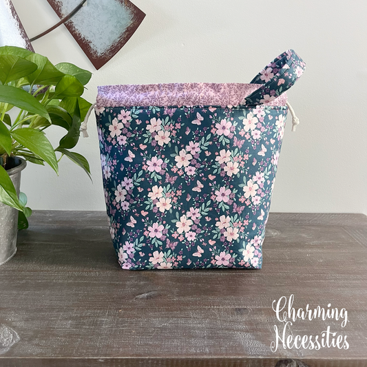 Knitting Project Bag, Floral & Butterflies Dark Blue Lavender Drawstring Tote