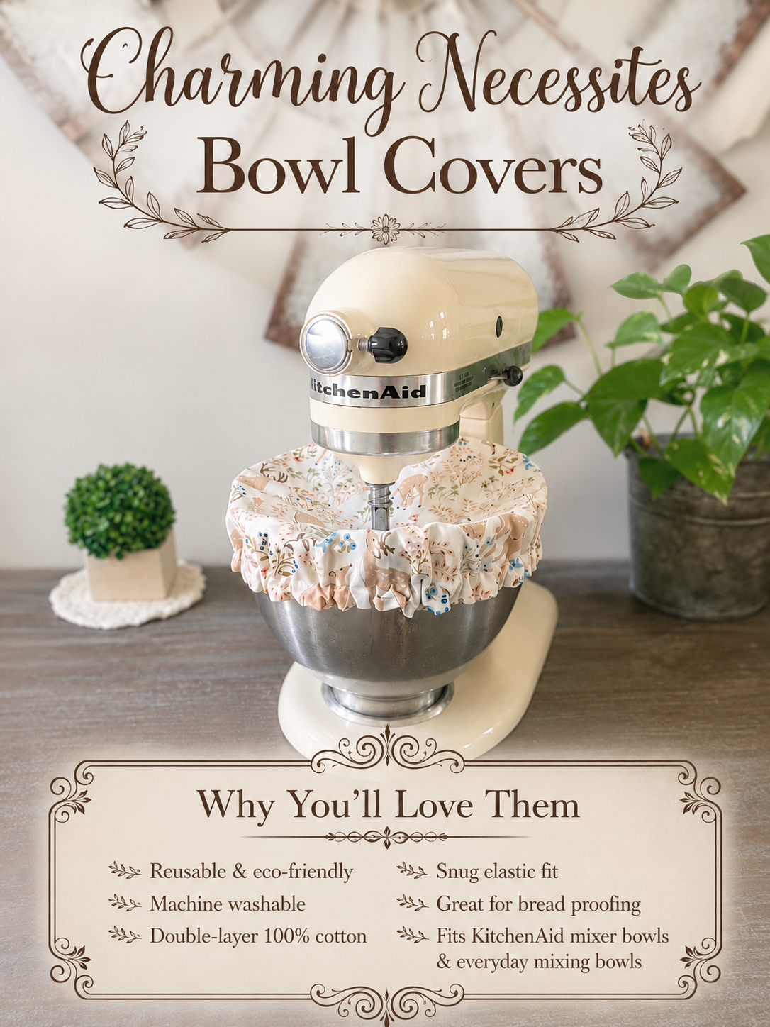 Reusable Fabric Bowl Covers – Cotton Covers for KitchenAid Mixers & Bread Baking, Retro Chickens