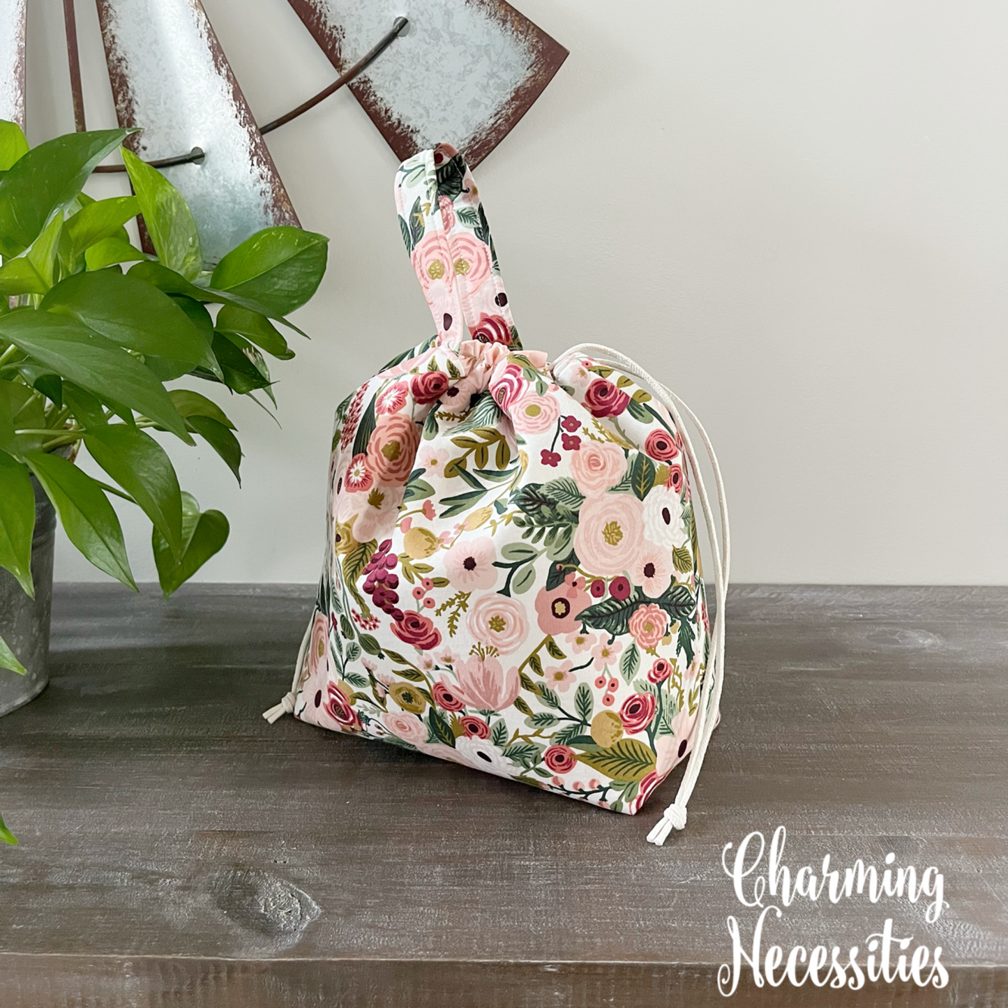 Knitting Project Bag, Rifle Paper Co Garden Party in Pink Drawstring Tote