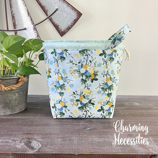 Knitting Project Bag, Rifle Paper Co Dahlia Blue Drawstring Tote