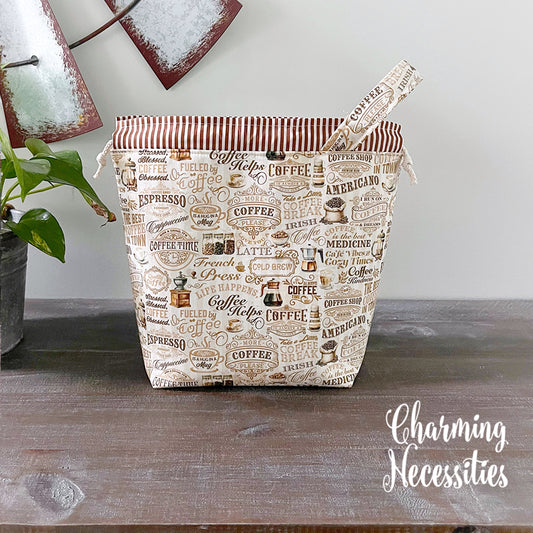 Knitting Project Bag, Coffee Lover, Drawstring Tote