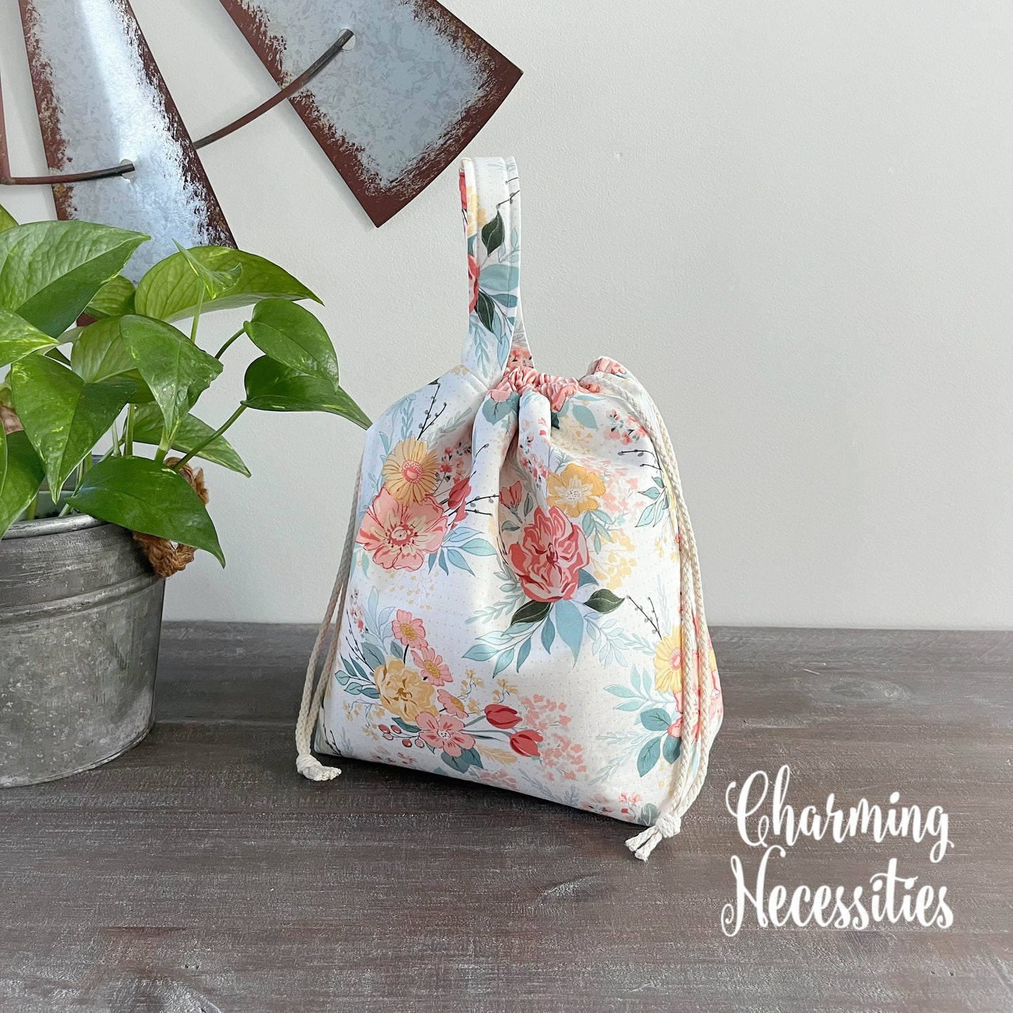 Knitting Project Bag, Pastel Floral on Ivory, Drawstring Tote