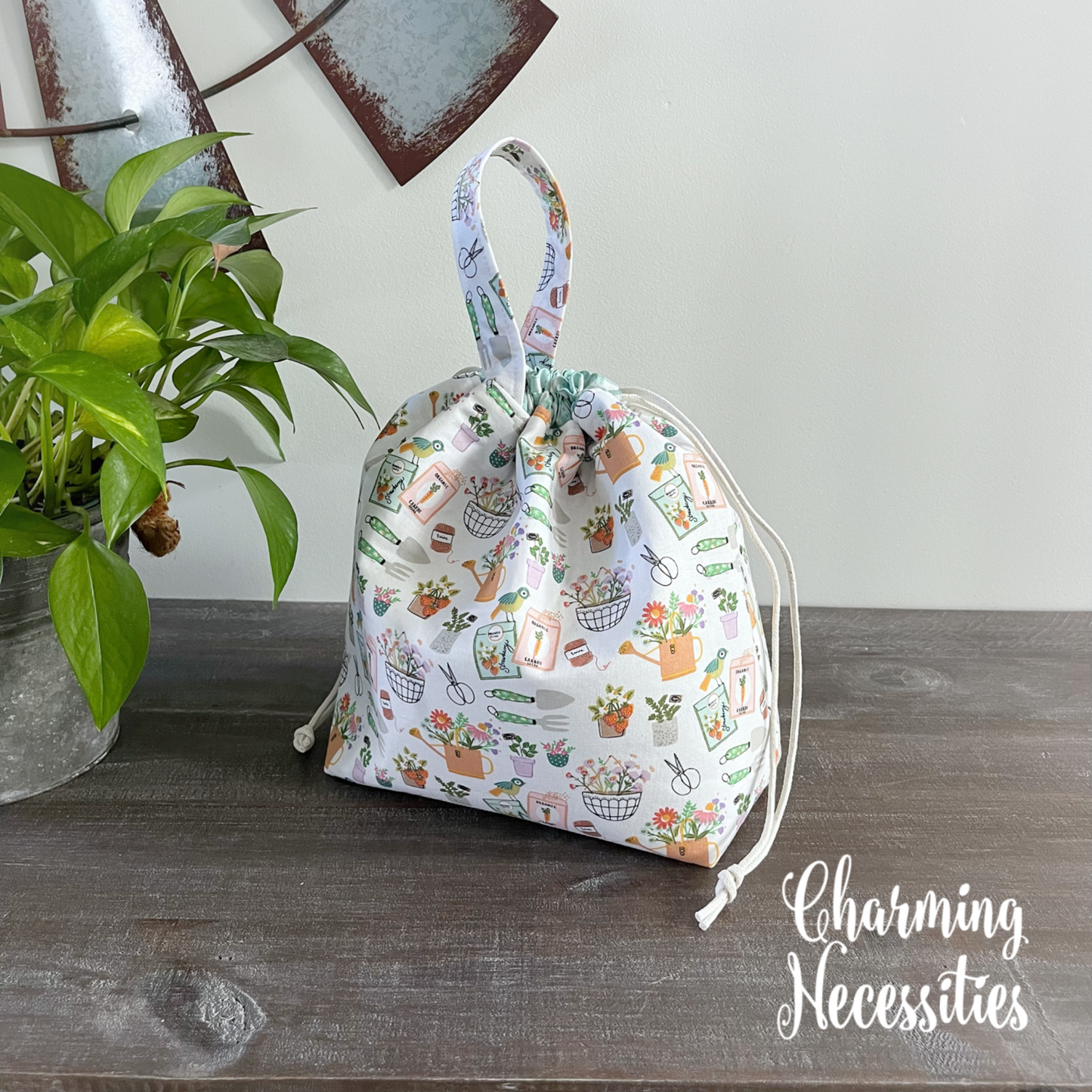 Knitting Project Bag, Spring Gardening Theme Drawstring Tote, Crochet Sewing Project Bag Sock Shawl Pouch, Gifts for Knitters Crocheters