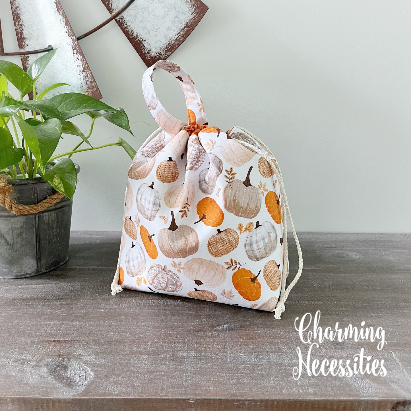 Knitting Project Bag, Pumpkin Spice, Drawstring Tote