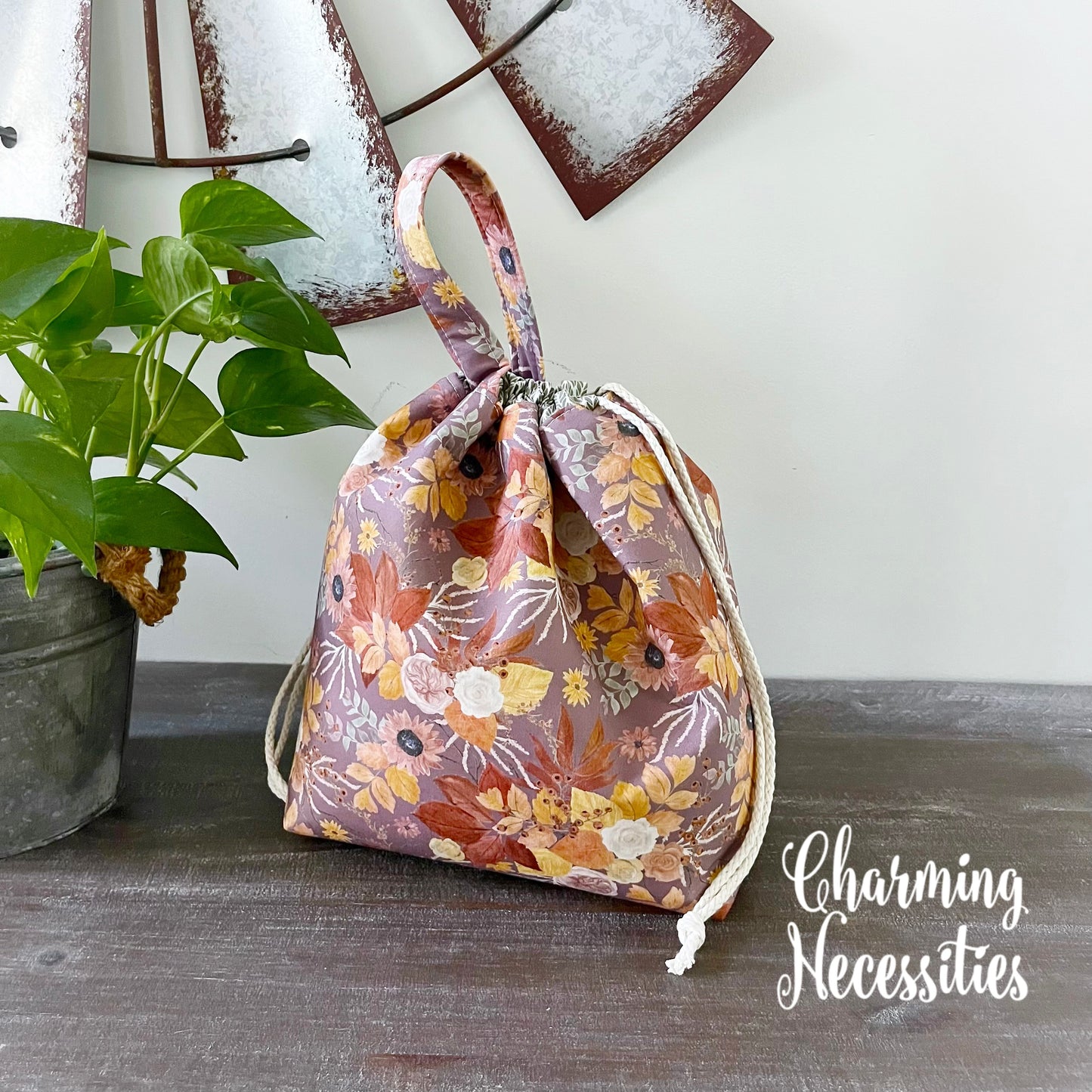 Knitting Project Bag, Autumn Evening, Drawstring Tote